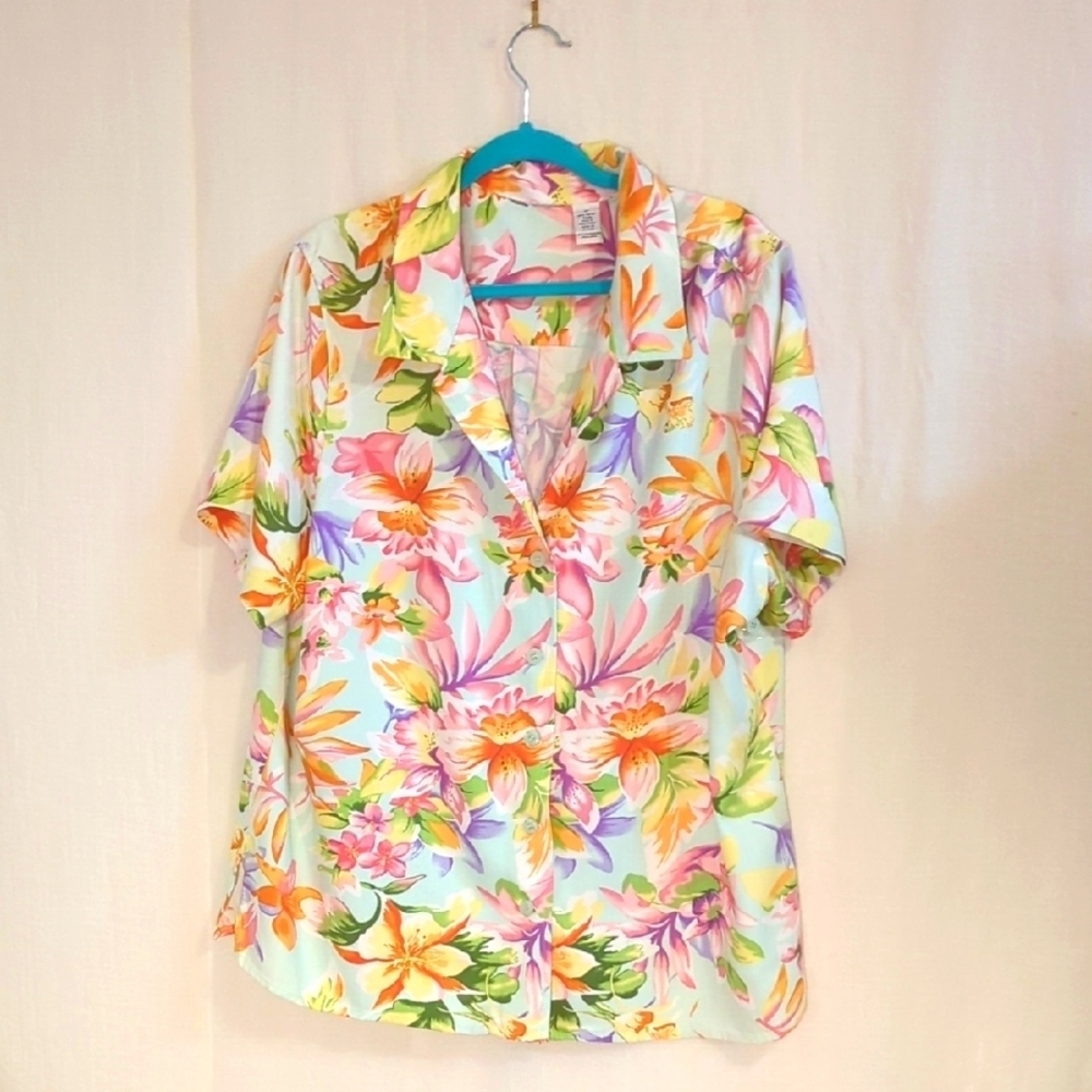 Floral Print Summer Blouse Button Down Aqua 2X